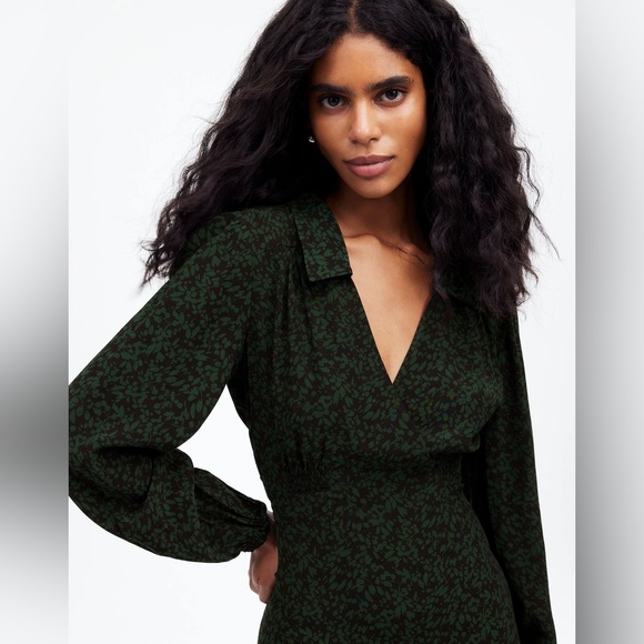 NWT Madewell Long-Sleeve Mini Shirtdress in Black and Green Floral - Picture 4 of 8